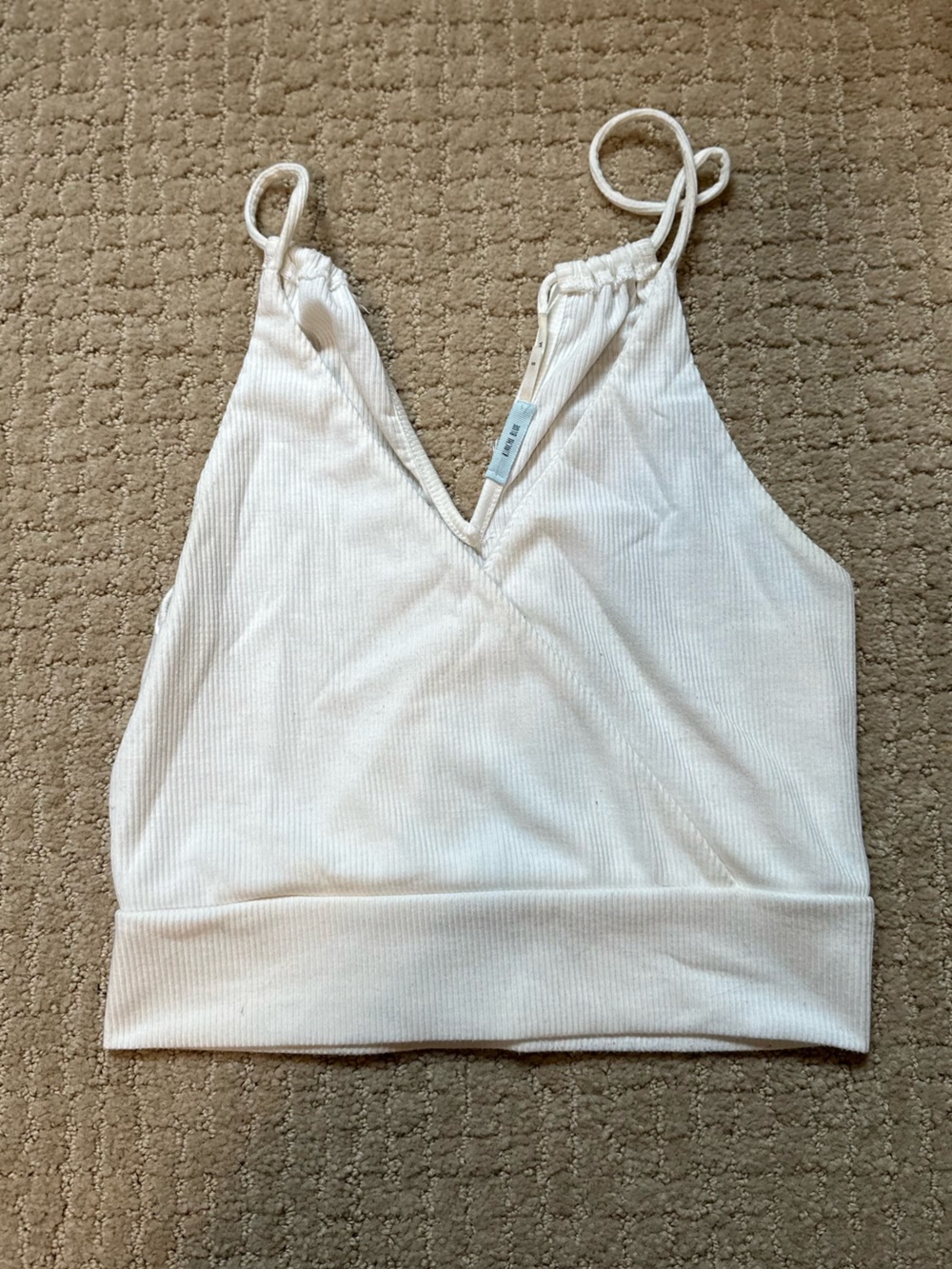 White Ribbed Drawstring V Neck Top - Picture 2 of 7